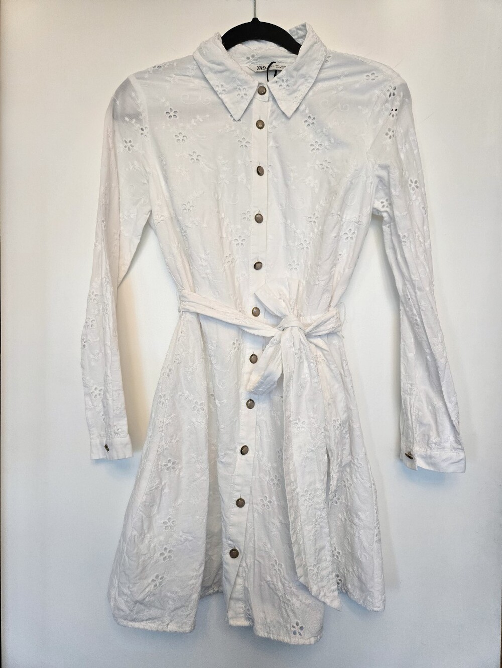 Zara White Eyelet Long-Sleeve Shirt Dress with Waist Tie - Picture 3 of 9